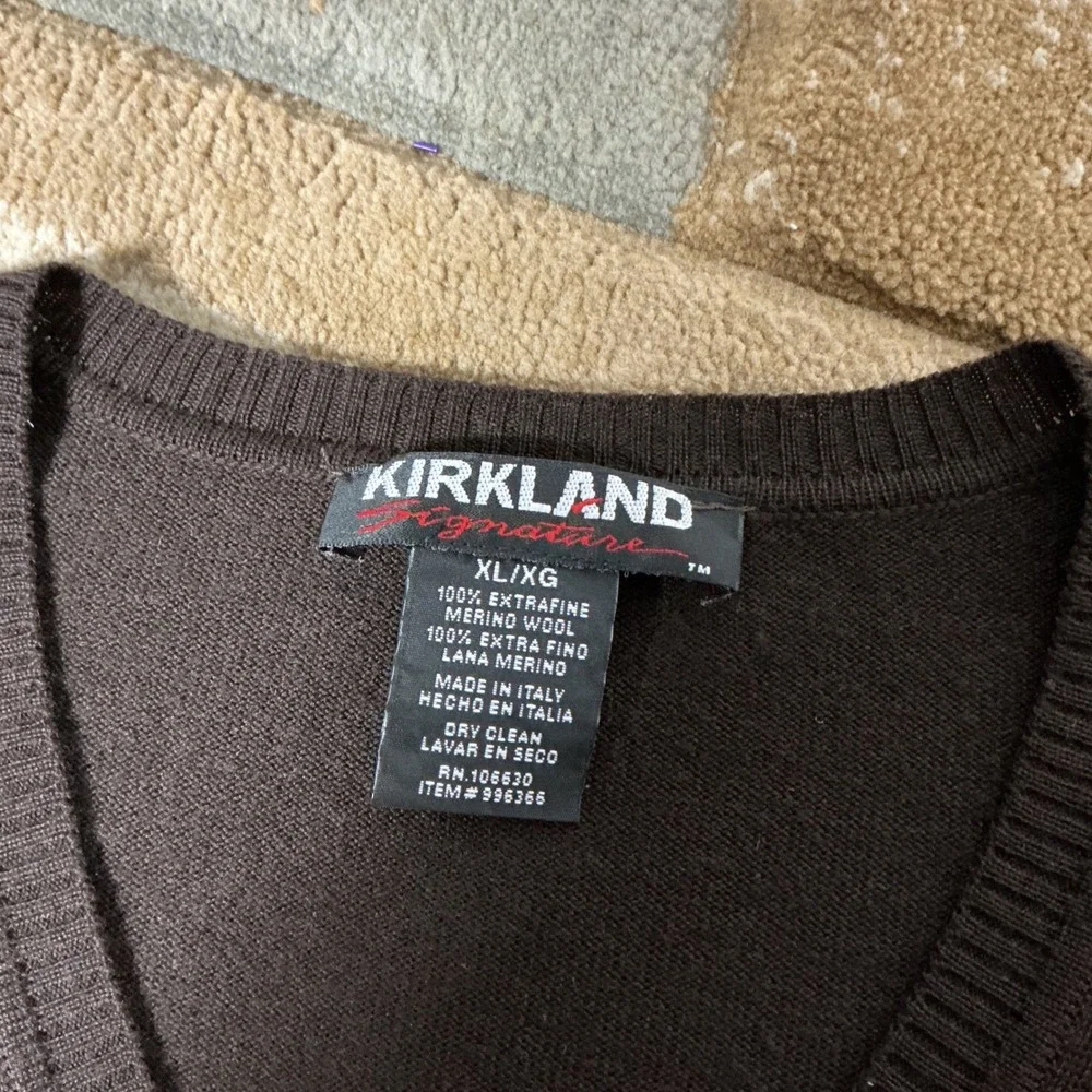 Kirkland Merino Wool V-Neck Sweater Mens XL Brown Italian Knit Classic Luxury